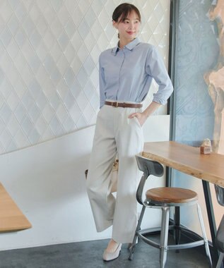 Tiaclasse ストライプストレッチワイドパンツ ベージュストライプ