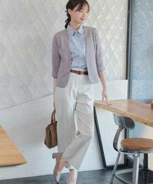 Tiaclasse ストライプストレッチワイドパンツ ベージュストライプ