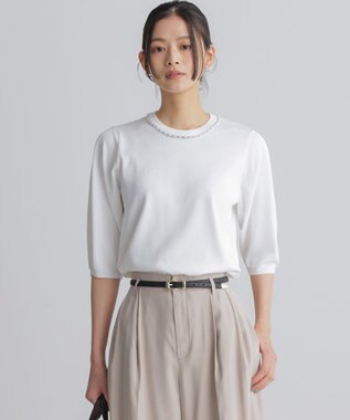 組曲 【WEB限定】クリアストレッチビジューレーン6分袖 ニット ホワイト系