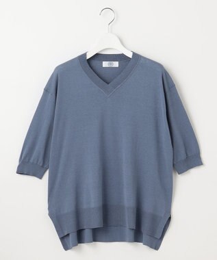 J.PRESS LADIES L 【洗える】COTTON LINEN Vネック ニット ダルブルー系