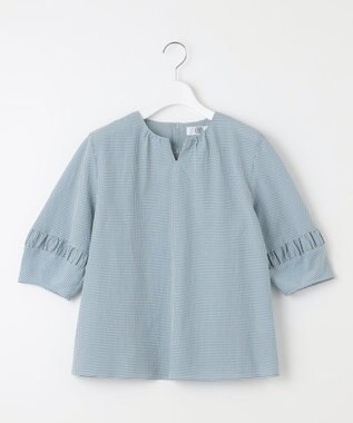 J.PRESS LADIES L 【洗える】アセVis ギンガム ボリュームスリーブ ブラウス シーグリーン系3