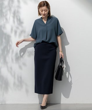 23区 L 【吸水速乾/UVカット/接触冷感】ストレッチジョーゼット バンドカラー カットソー ダークグリーン×ブラック