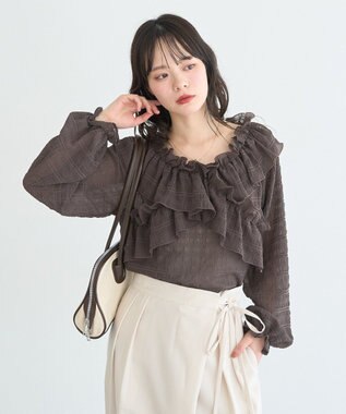 earth music&ecology シアーチェック2wayオフショルブラウス Brown