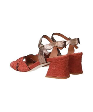INTER-CHAUSSURES 【DUCCIO DEL DUCA】異素材コンビチャンキーヒールサンダル レッドブラウンコンビ