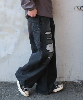 WEGO ダブルニーダメージデニムパンツ デニムブラックソノタ