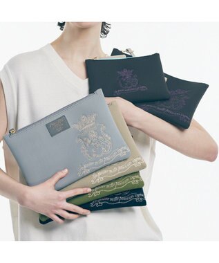 A.D.M.J. 【魔法の様に軽い】マジックライト/イタリアンファブリックステッチ刺しゅうフラットポーチ2セット(S・M) グリス