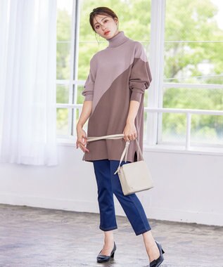 Tiaclasse 【洗える】配色ドルマンニットチュニック グレージュ