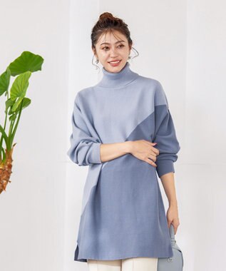 Tiaclasse L 【洗える】配色ドルマンニットチュニック サックス