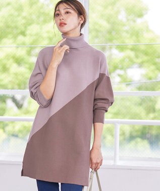 Tiaclasse 【洗える】配色ドルマンニットチュニック グレージュ