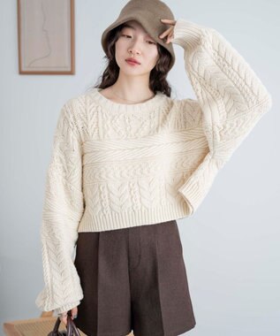 WEGO ケーブルショートニット ホワイトアイボリー