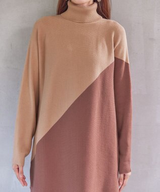 Tiaclasse 【洗える】配色ドルマンニットチュニック ピンク