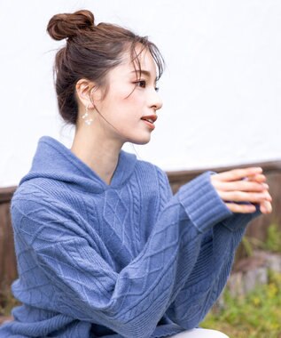 Tiaclasse 【洗える】アラン柄ニットパーカーチュニック ブルー