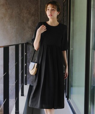 Tiaclasse 【洗える】シャーリングパフスリーブシアーワンピース ブラック
