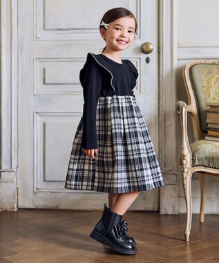ANY KIDS チェック柄 ドッキング ワンピース ブラック×チェック