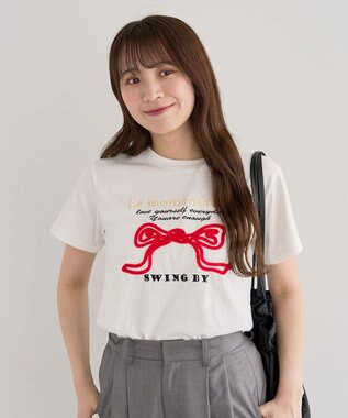Green Parks ・ｓｗｉｎｇ　ｂｙ　リボンモチーフコード刺繍ＴＥＥ Off White