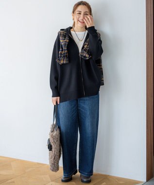 23区 L 【Lサイズ限定/洗える】ヴィスコースストレッチ ニット パーカー ブラック系