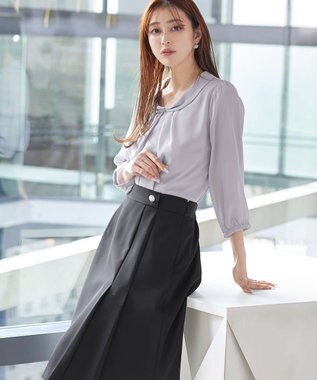 Tiaclasse L 【洗える】リボンカラーパフスリーブブラウス グレー