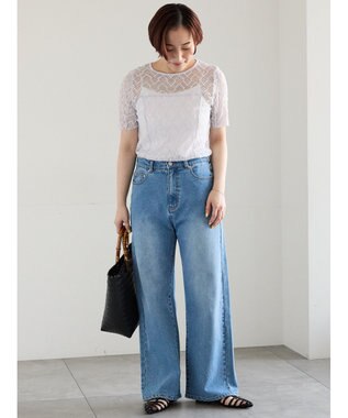 Te chichi パッチワークレース5分袖トップス ラベンダー