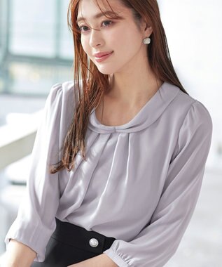 Tiaclasse L 【洗える】リボンカラーパフスリーブブラウス グレー