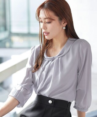 Tiaclasse L 【洗える】リボンカラーパフスリーブブラウス グレー