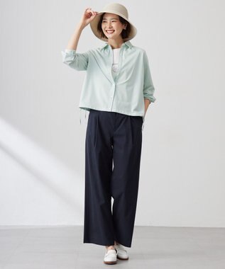 J.PRESS LADIES 【洗える】セルロースリネンストレッチ タックワイドパンツ ネイビー系