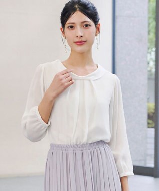 Tiaclasse L 【洗える】リボンカラーパフスリーブブラウス オフホワイト
