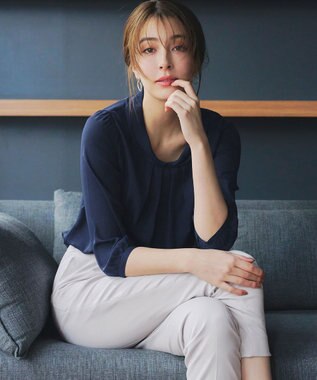 Tiaclasse L 【洗える】リボンカラーパフスリーブブラウス ネイビー