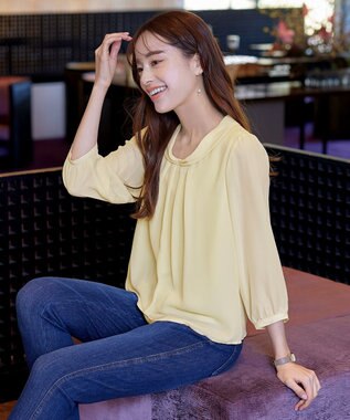 Tiaclasse L 【洗える】リボンカラーパフスリーブブラウス イエロー