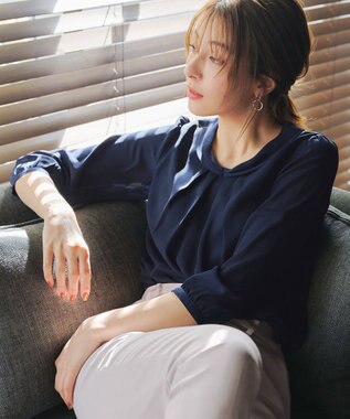 Tiaclasse L 【洗える】リボンカラーパフスリーブブラウス ネイビー