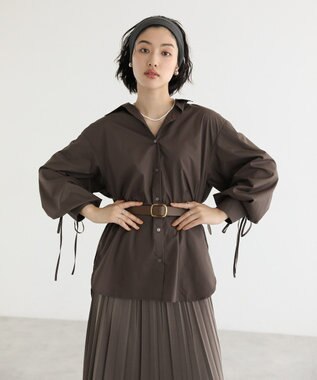 Green Parks イージーケア袖シャーリングシャツ Brown