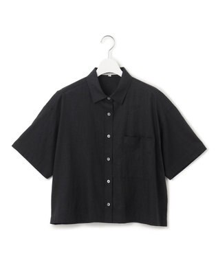 23区 【SLOW/洗える】リネンコットン 半袖クロップドシャツ ブラック系