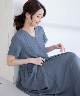 Tiaclasse 【洗える】サイドギャザーワンピース ブルー