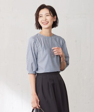 J.PRESS LADIES 【洗える】ウォッシャブルキュプラツイル タックスリーブ ブラウス ネイビー系1