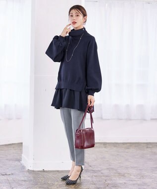 Tiaclasse L 【洗える】コンビフレアニットトップス ネイビー