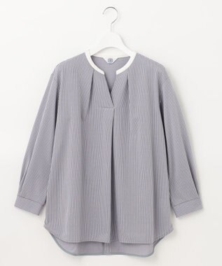 J.PRESS LADIES L ピンストライプジャージー バンドカラー スキッパー カットソー ライトグレー系1