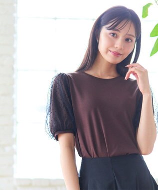 【汗ジミが目立たない・洗える】チュール袖パフスリーブ Tシャツ