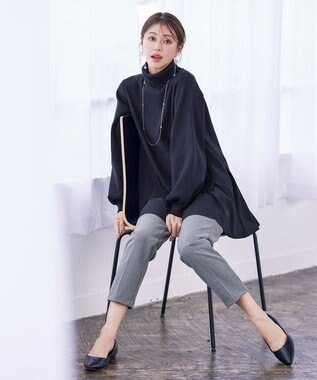 Tiaclasse L 【洗える】コンビフレアニットトップス ネイビー