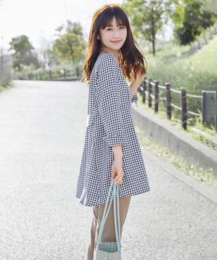 Tiaclasse L 【小倉優子さん着用・選べる袖TYPE・洗える】バックフレアチュニック 七分袖ギンガムチェック小