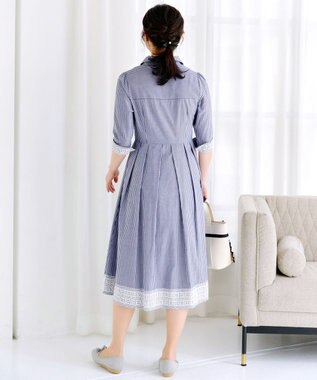 Tiaclasse L 【洗える】レースコンビシャツワンピース ネイビーストライプ
