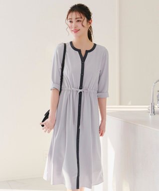 Tiaclasse L 【新色追加・洗える】配色キーネックストライプワンピース グレー×チャコール