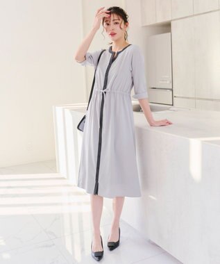 Tiaclasse L 【新色追加・洗える】配色キーネックストライプワンピース グレー×チャコール