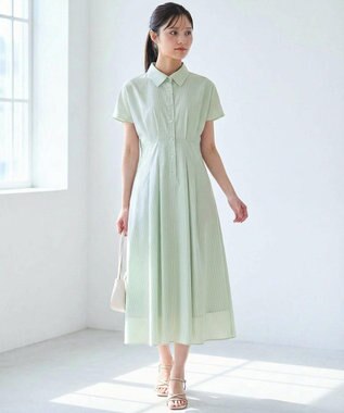 【洗える】パールボタンストライプ シャツワンピース