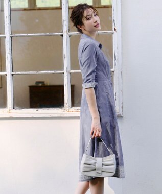 Tiaclasse L 【洗える】レースコンビシャツワンピース ネイビーストライプ