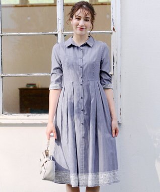 Tiaclasse L 【洗える】レースコンビシャツワンピース ネイビーストライプ