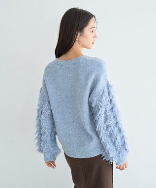 YECCA VECCA ラメフェザー袖フリンジニット Blue