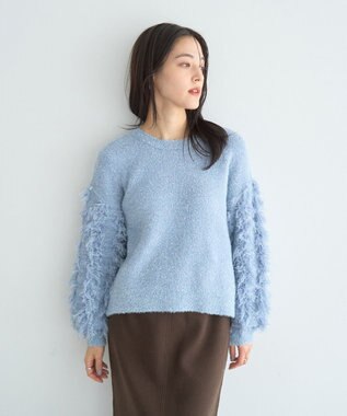 YECCA VECCA ラメフェザー袖フリンジニット Blue