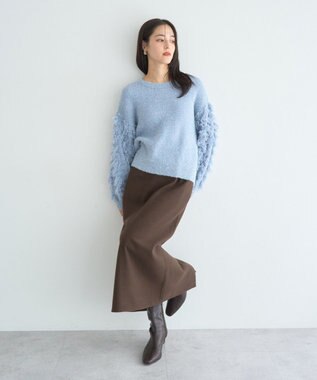 YECCA VECCA ラメフェザー袖フリンジニット Blue