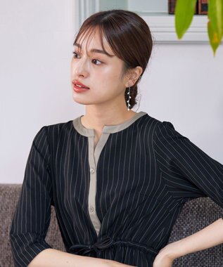 Tiaclasse L 【新色追加・洗える】配色キーネックストライプワンピース グレー×チャコール