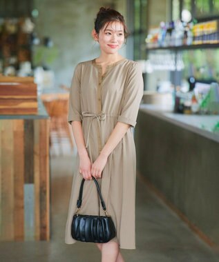 Tiaclasse L 【新色追加・洗える】配色キーネックストライプワンピース ライトベージュ×ベージュ