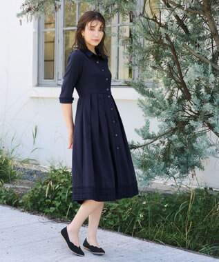 Tiaclasse L 【洗える】レースコンビシャツワンピース ネイビー